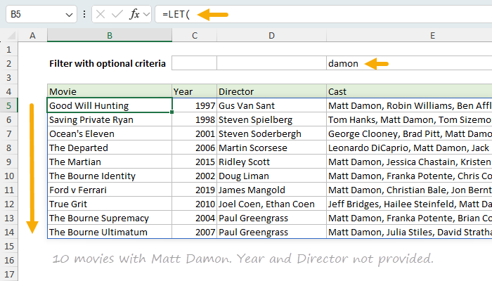 Search a movie database with FILTER - worksheet with damon entered as actor and matching movies below