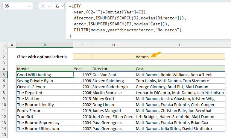 Compact FILTER formula with optional criteria - worksheet with damon entered as actor and 10 matching movies below