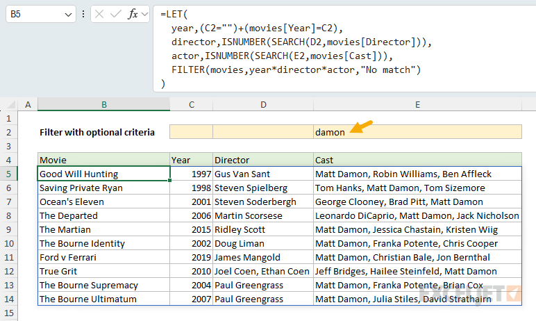 Compact FILTER formula with optional criteria returning 10 movies for damon