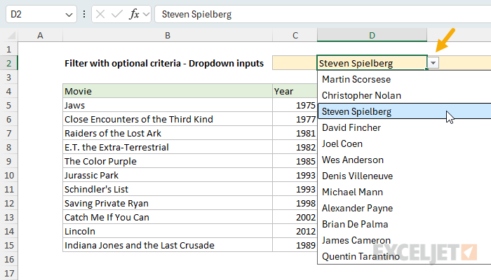 FILTER with optional criteria using a dropdown list to select a director