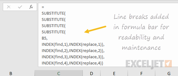 Line breaks added in formula bar for readability and maintenance
