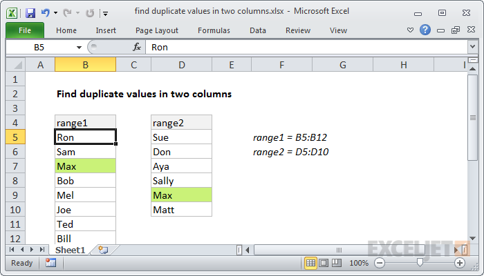 Find duplicate values in two columns