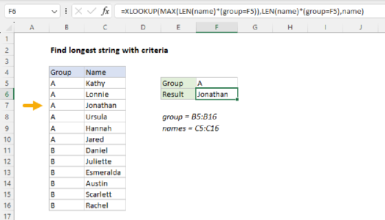 Excel Find longest string with criteria