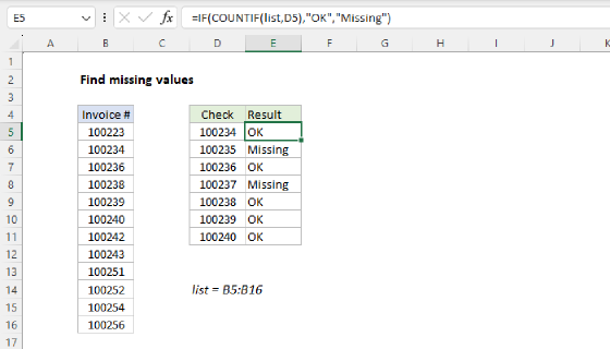 Excel Find missing values
