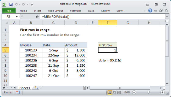 Excel First row number in range