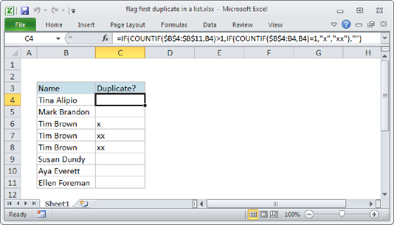 Excel Flag first duplicate in a list