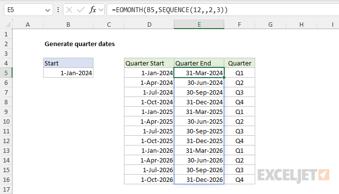 Listing quarter end dates with the  EOMONTH function