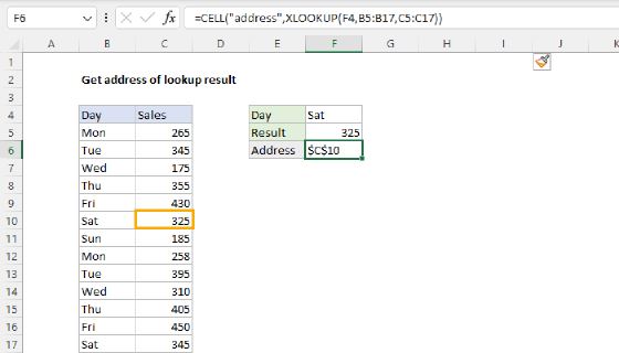 Excel Get address of lookup result