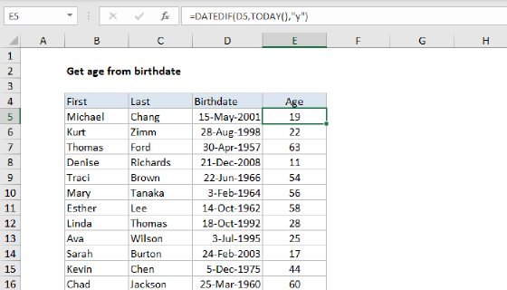 Excel Get age from birthday