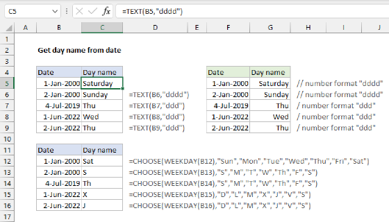 Excel Get day name from date