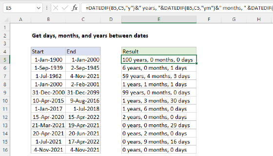 Excel Get days, months, and years between dates