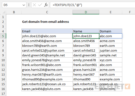 Get domain from email with the TEXTSPLIT function