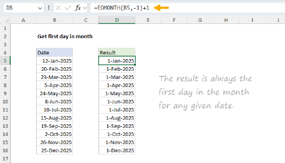 Excel Get first day of month