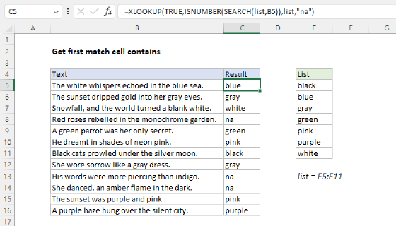Excel Get first match cell contains