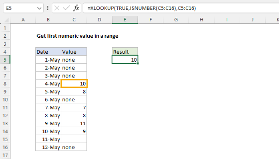 Excel Get first numeric value in a range