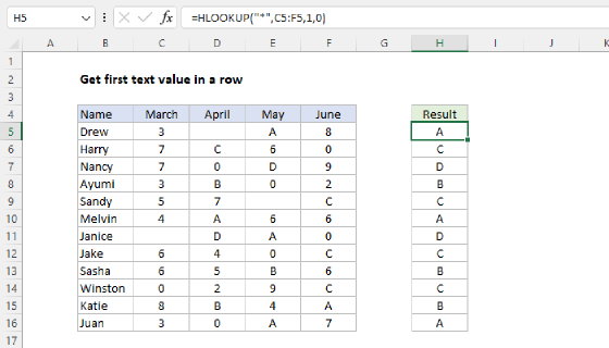 Excel Get first text value in a row