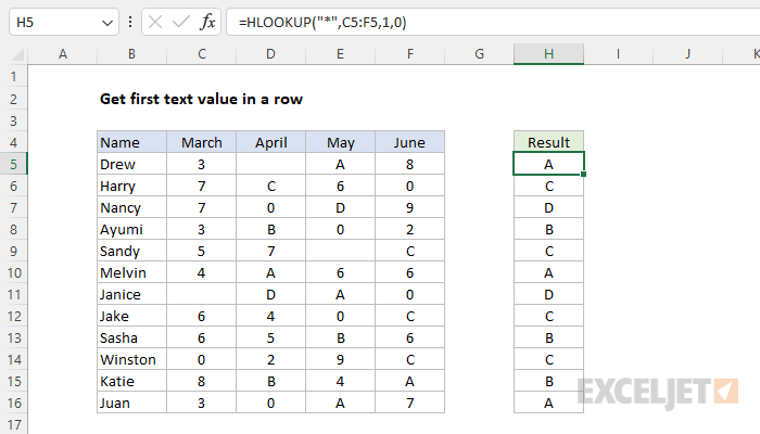 Get first text value in a row
