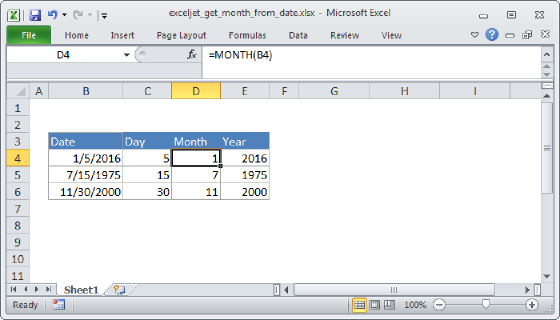 Excel Get month from date
