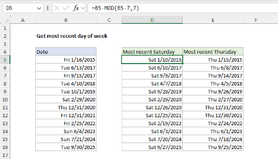 Excel Get most recent day of week