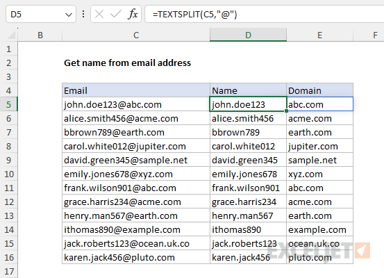 Using TEXTSPLIT to get name and domain from an email address