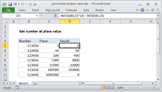 Excel Get number at place value
