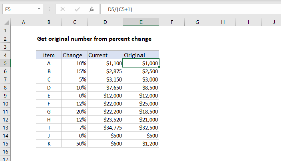 Excel Get original number from percent change