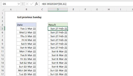 Excel Get previous Sunday