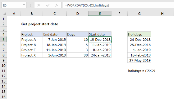 Excel Get project start date