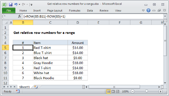 Excel Get relative row numbers in range