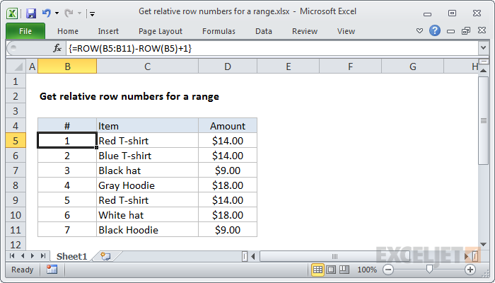 Get relative row numbers in range
