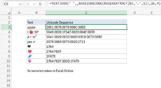 Excel Get Unicode Sequence from text