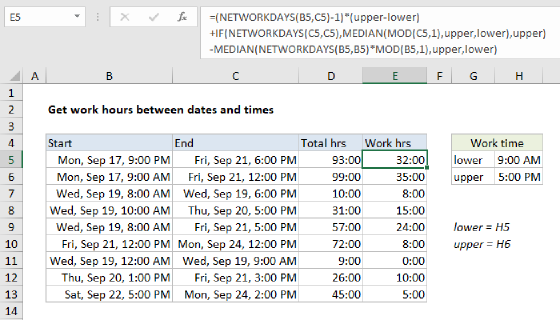 Excel Get work hours between dates and times