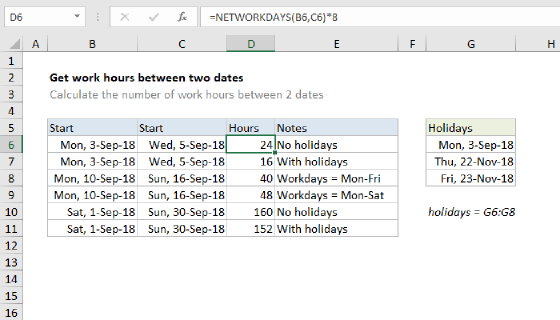 Excel Get work hours between dates
