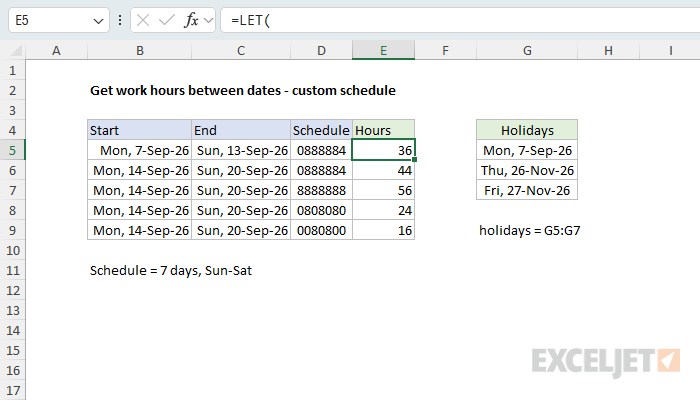 Get work hours between dates with a custom schedule