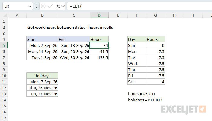 Get work hours between dates with hours in cells
