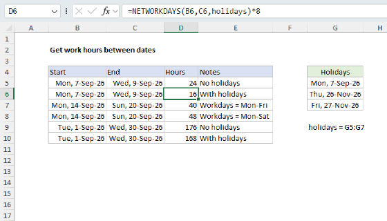 Excel Get work hours between dates