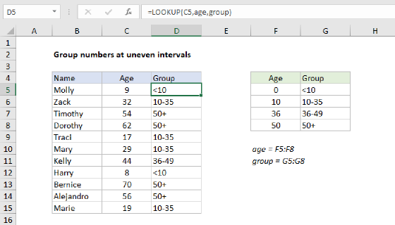 Excel Group numbers at uneven intervals