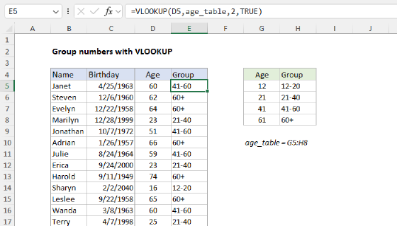 Excel Group numbers with VLOOKUP