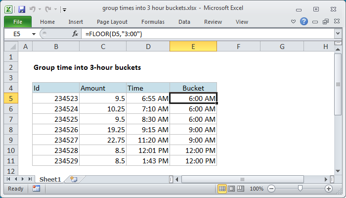 Group times into 3 hour buckets - Excel formula | Exceljet