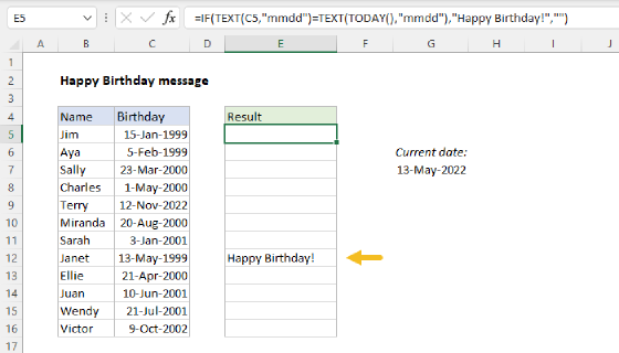 Excel Happy birthday message