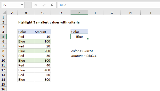 Excel Highlight 3 smallest values with criteria