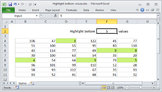 Excel Highlight bottom values
