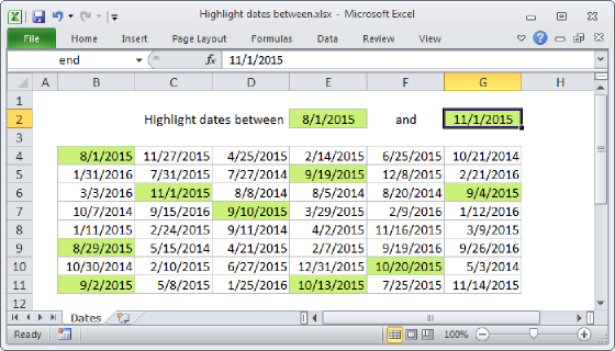Excel Highlight dates between