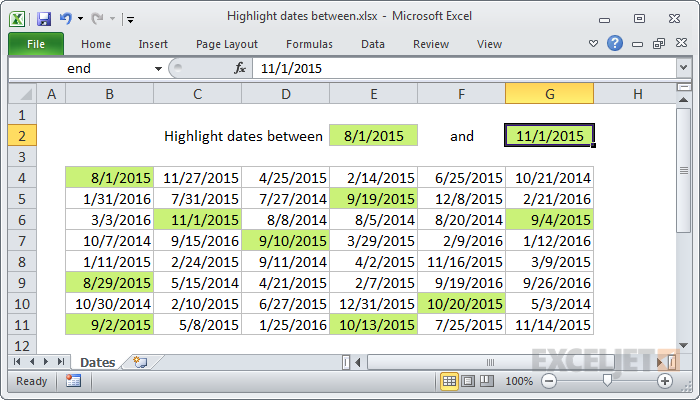 Highlight dates between