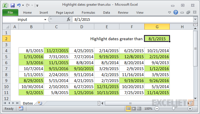 Highlight dates greater than