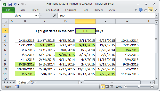 Excel Highlight dates in the next N days