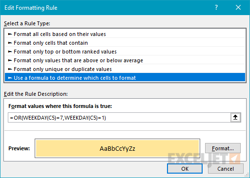 Conditional formatting rule to highlight weekends
