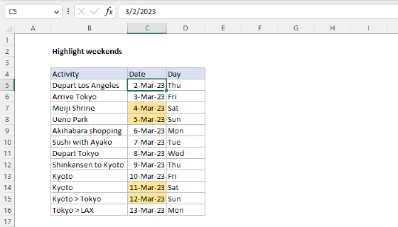 Excel Highlight dates that are weekends
