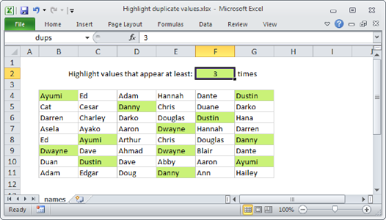 Excel Highlight duplicate values