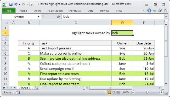 Excel Highlight entire rows